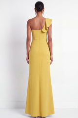 One Shoulder Yellow Mermaid Ruffled Maxi Formal Dress