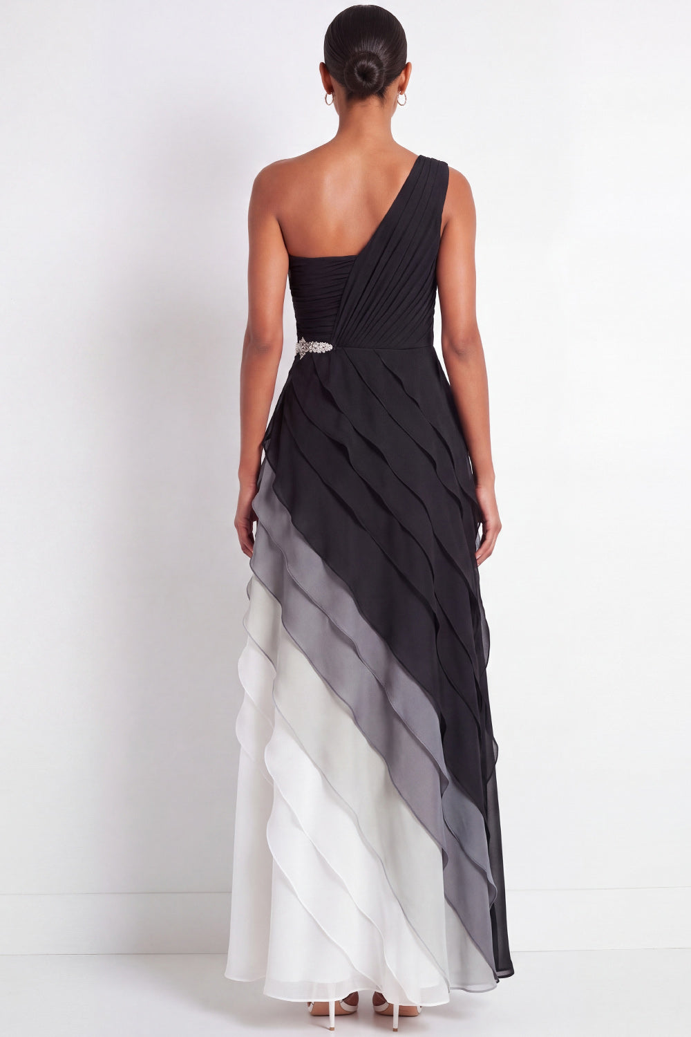 One Shoulder Ruched A Line Ruffled Black and White Maxi Formal Dress
