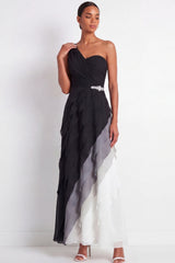 One Shoulder Ruched A Line Ruffled Black and White Maxi Formal Dress