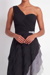 One Shoulder Ruched A Line Ruffled Black and White Maxi Formal Dress
