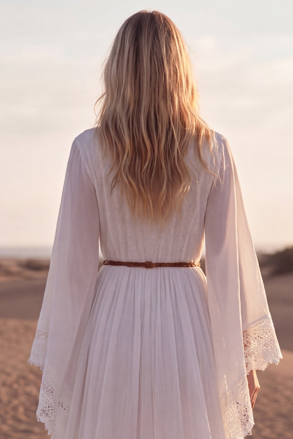 Long Sleeve White A Line Lace Maxi Boho Wedding Dress
