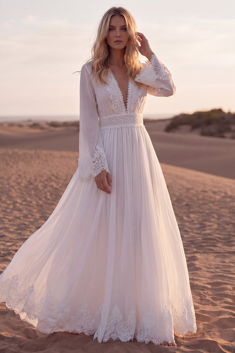 White V Neck Long Sleeve Lace A Line Pleated Wedding Dress