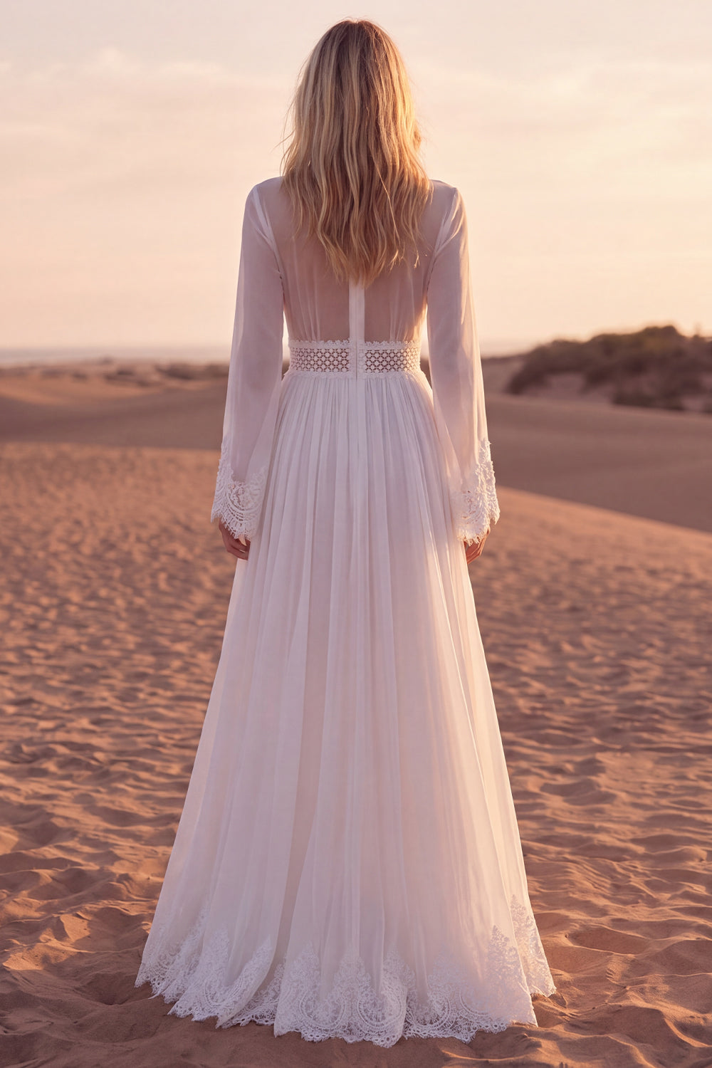 White V Neck Long Sleeve Lace A Line Pleated Wedding Dress