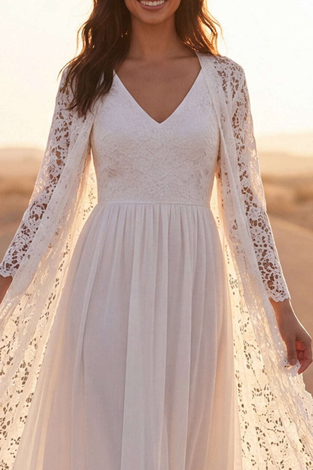 White A Line Long Sleeve Lace Maxi Wedding Dress with Cape