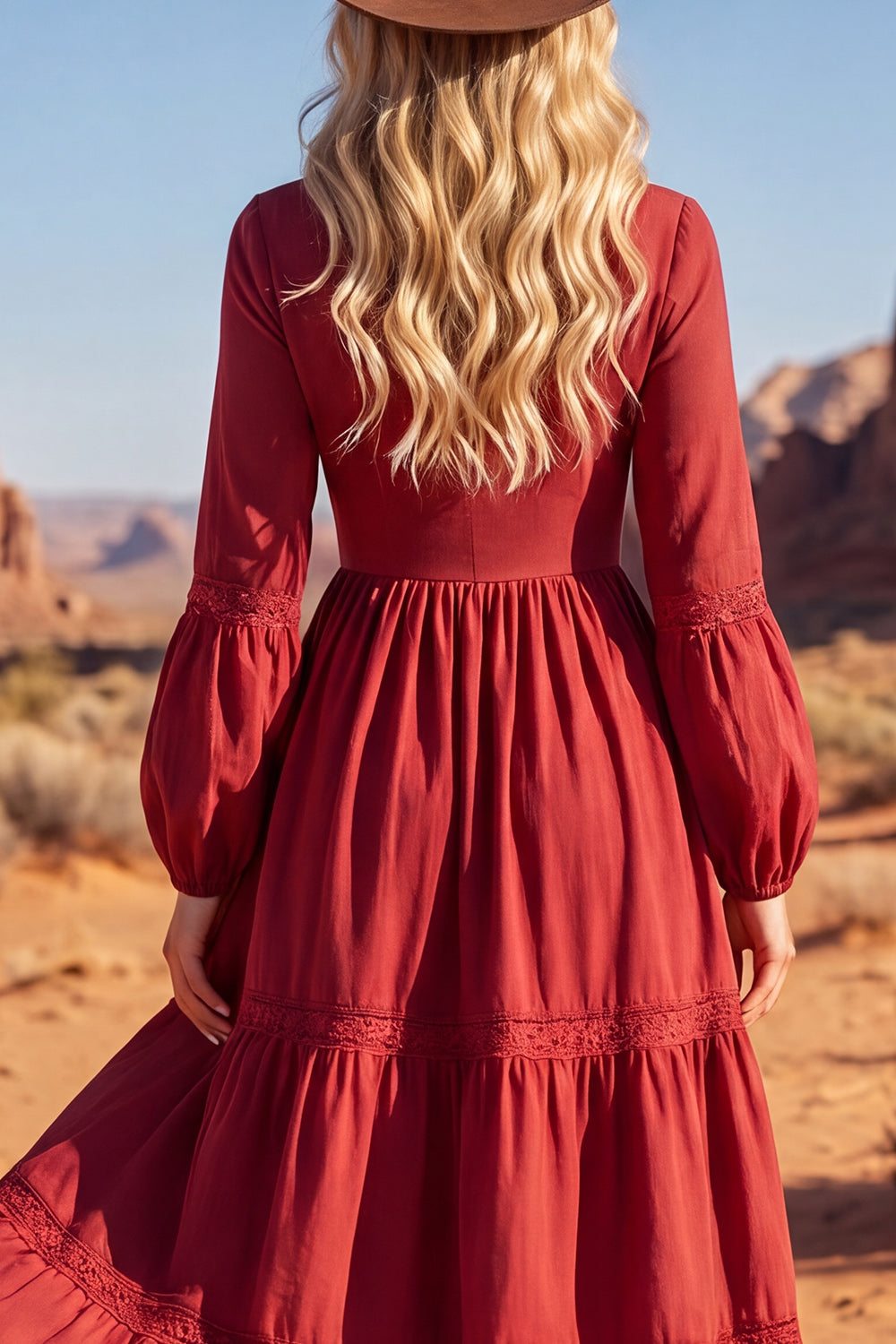 Red Long Sleeve A Line Ruffled Boho Midi Dress