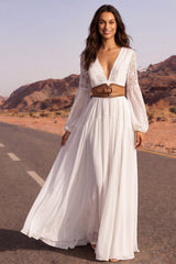 White Long Sleeve A Line Pleated Lace Wedding Dress with Belt
