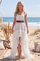 High Low White A Line Lace Ruffled Boho Wedding Dress