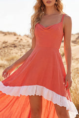 High Low Cowl Neck A Line Causal Dress with Ruffles