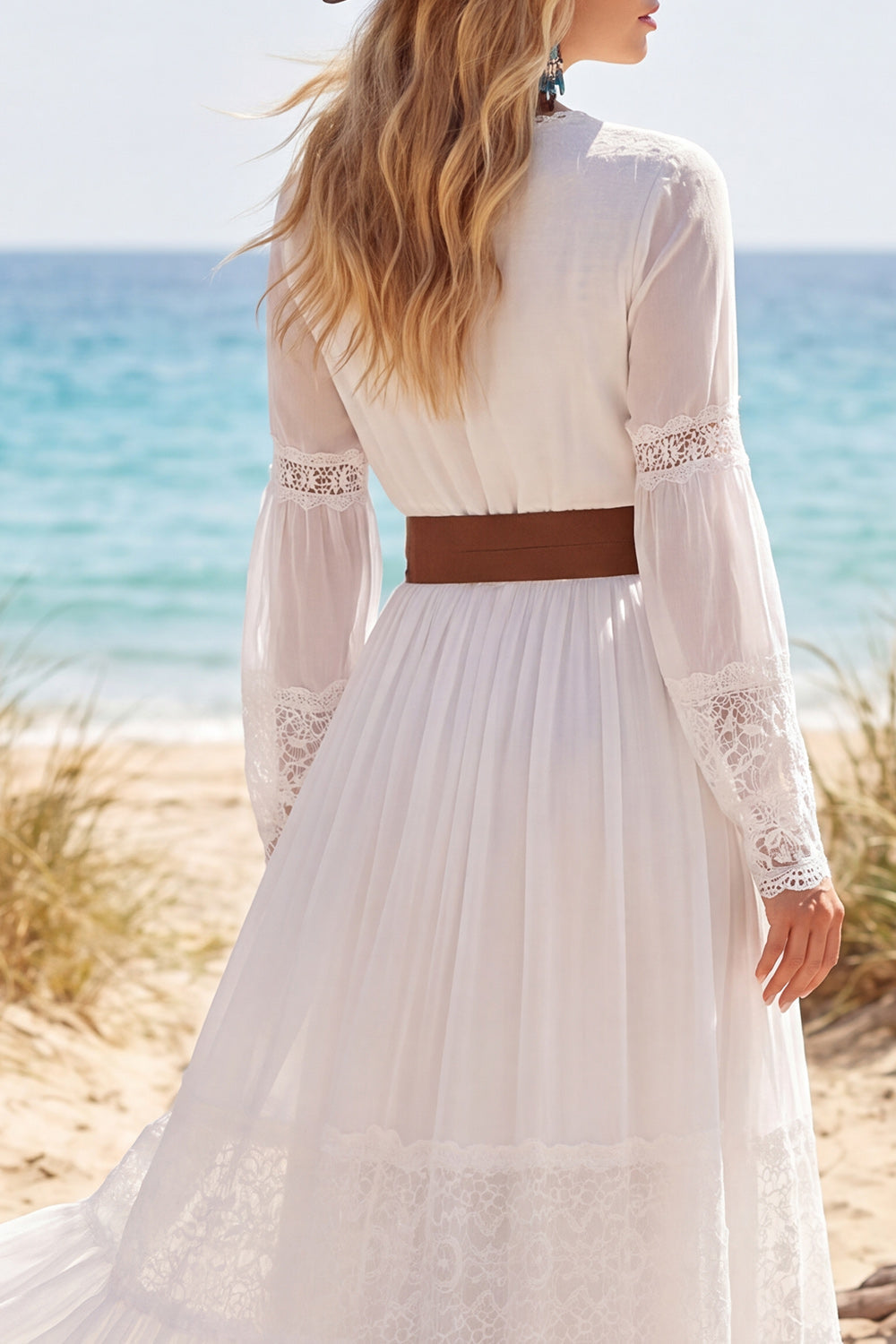 Long Sleeve White A Line Lace V Neck Wedding Dress with Belt