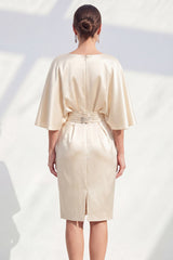 Champagne Satin Bodycon Ruched Midi Mother of the Bride Dress