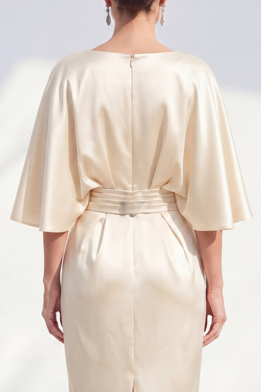 Champagne Satin Bodycon Ruched Midi Mother of the Bride Dress