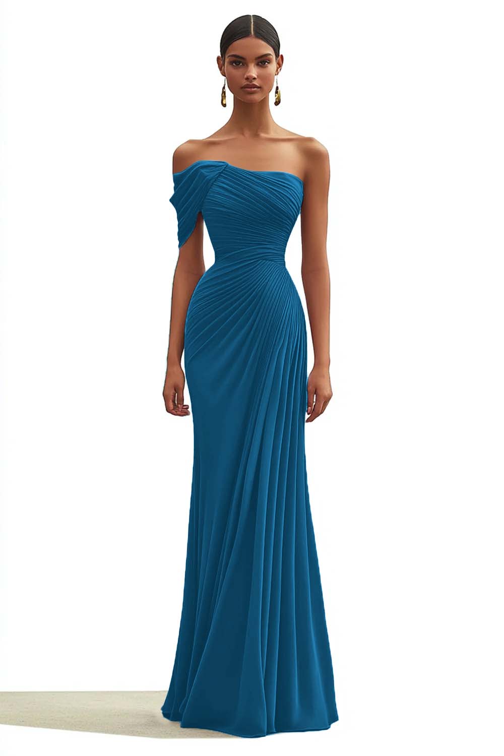One Shoulder Sheath Pleated Dark Green Long Formal Dress