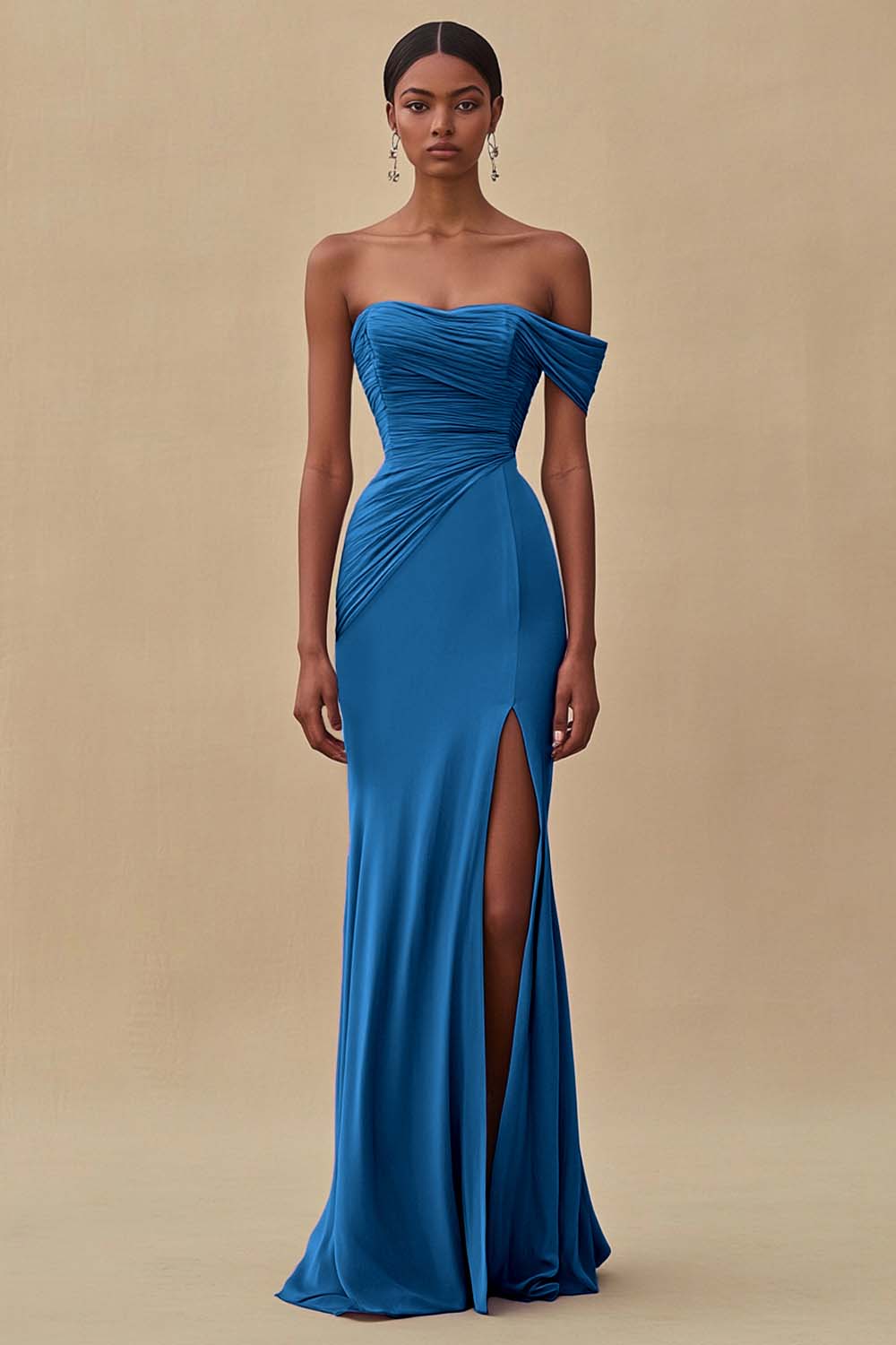 One Shoulder Purple Ruched Sheath Long Formal Dress with Slit