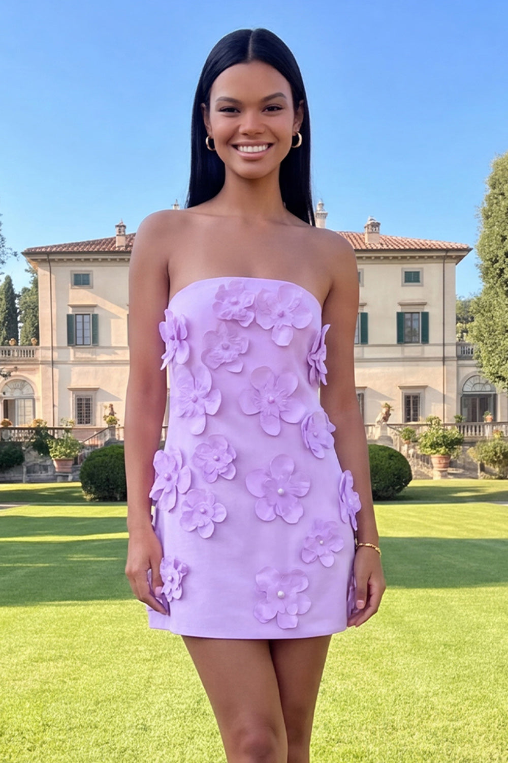 Strapless Blue Floral Homecoming Dress