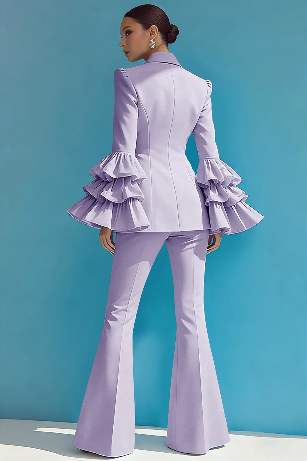 Blue 2-Piece Notched Lapel Women Suits With Ruffles