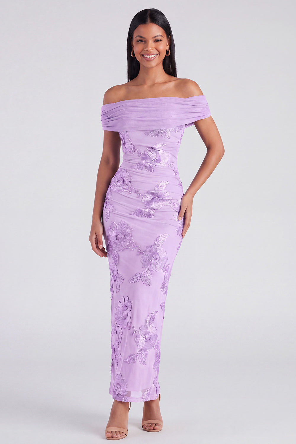 Blue Off the Shoulder Appliqued Bodycon Wedding Guest Dress