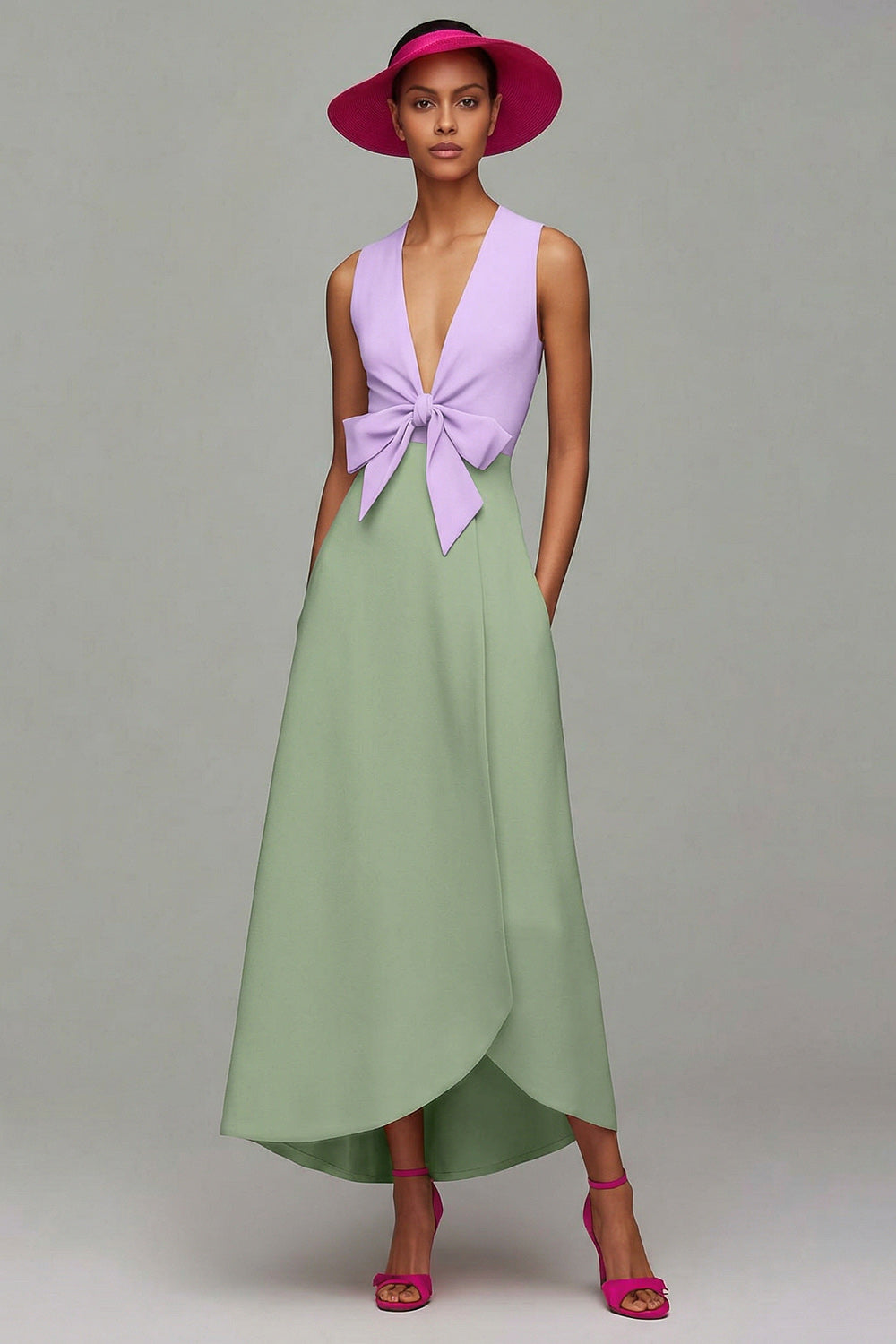 Orange and Fuchsia V-Neck A-Line Formal Dress With Bow