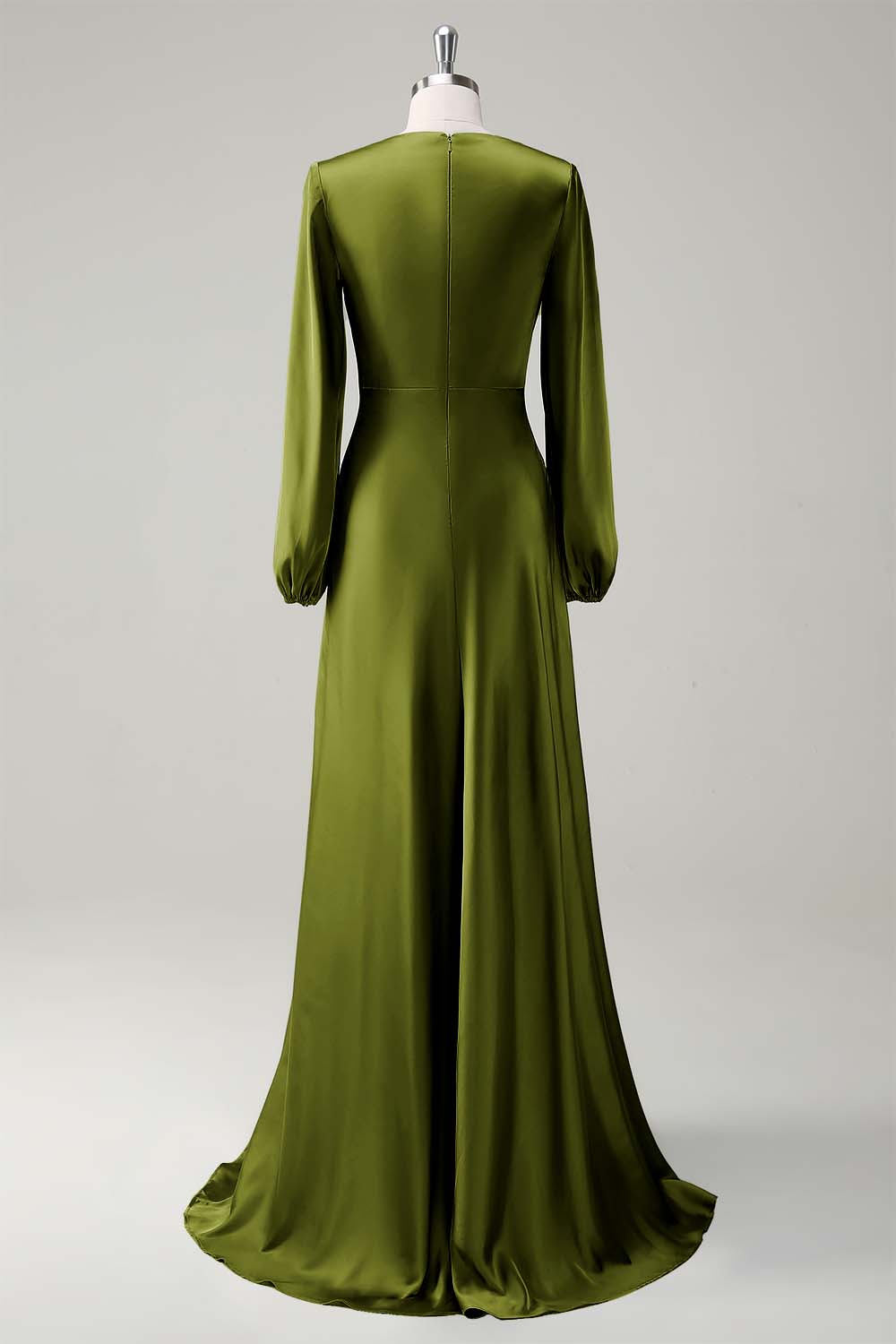 Eucalyptus Satin Round Neck Modest Bridesmaid Dress with Long Sleeves