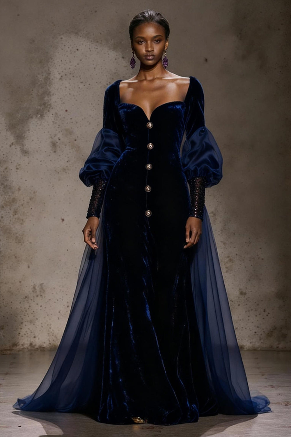 Burgundy Velvet Long Sleeve Evening Dress with Overlay