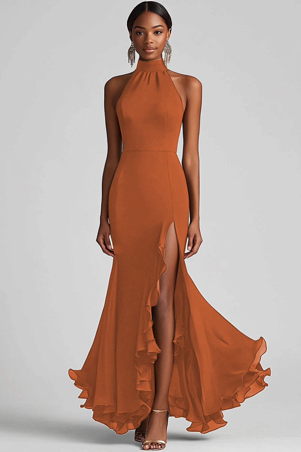 Halter Ruffle Mermaid Black Tie Dress with Slit