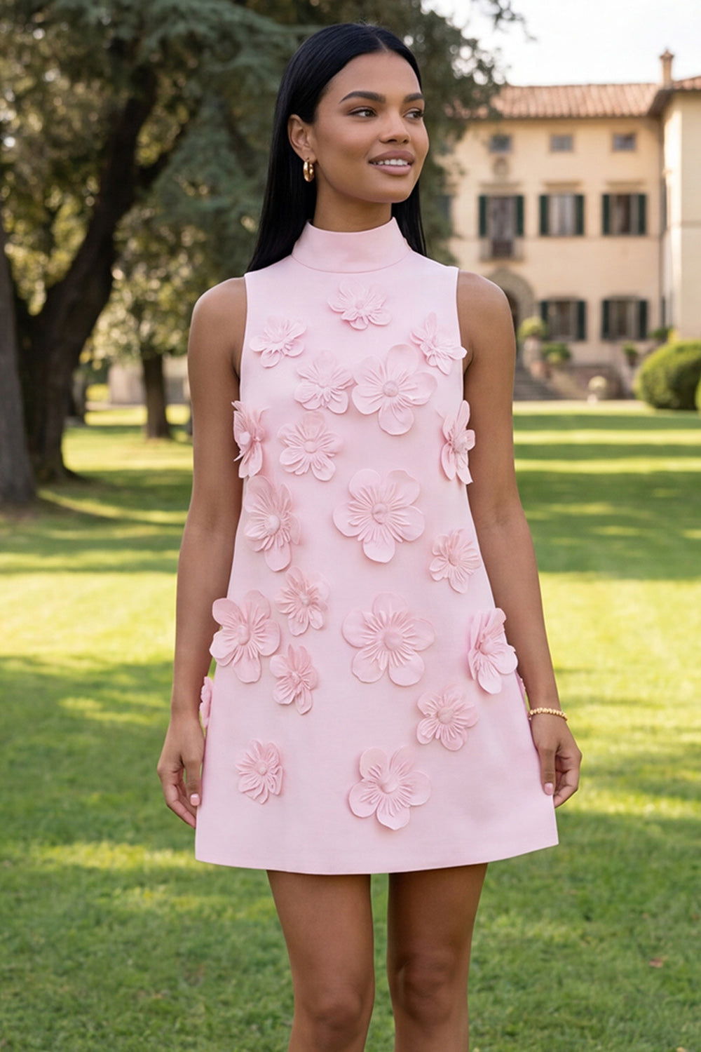 Floral Blue High Neck A-Line Homecoming Dress