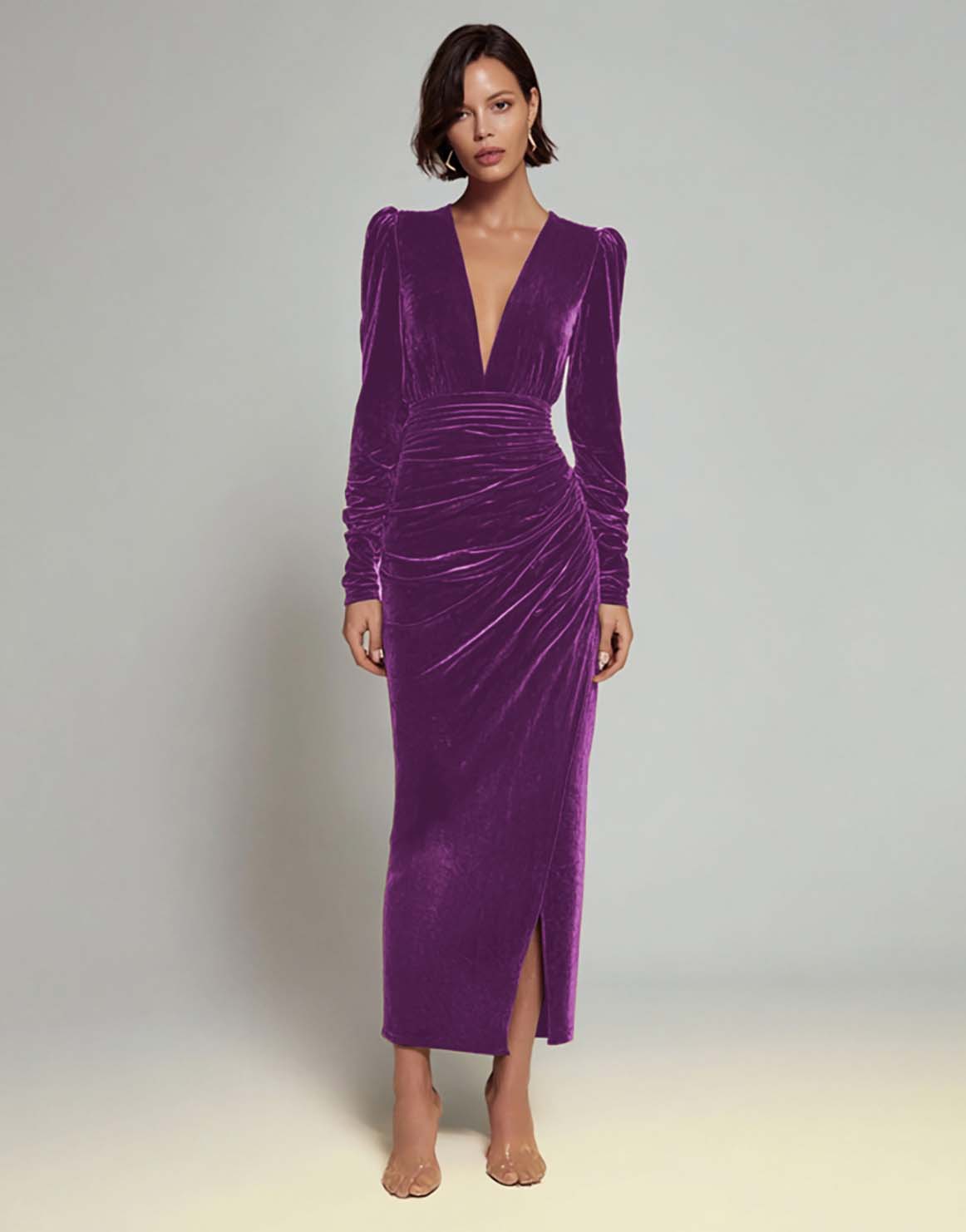 Olive Velvet Ruched Sheath Formal Dress with Long Sleeves
