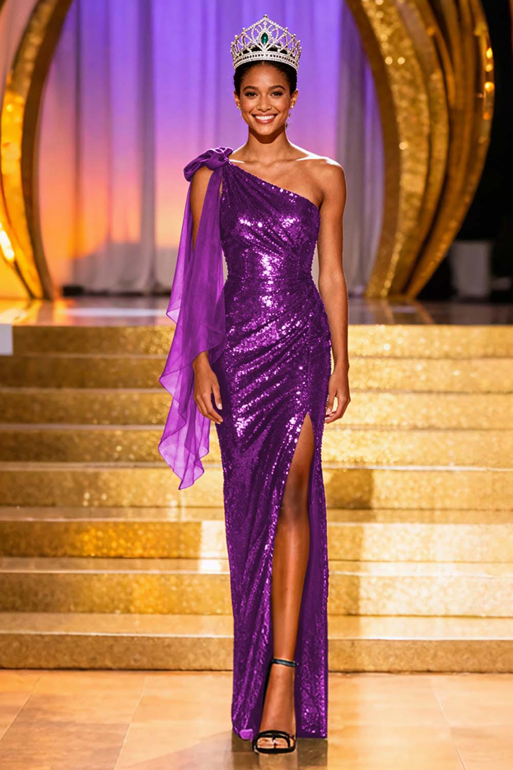 Sparkly Dark Green Sheath One Shoulder Pageant Dress With Slit