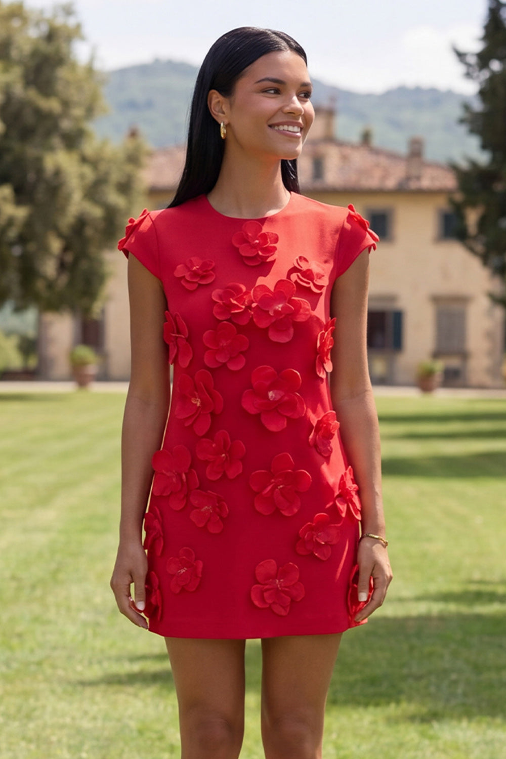 Ivory Floral A-Line Homecoming Dress with Cap Sleeves