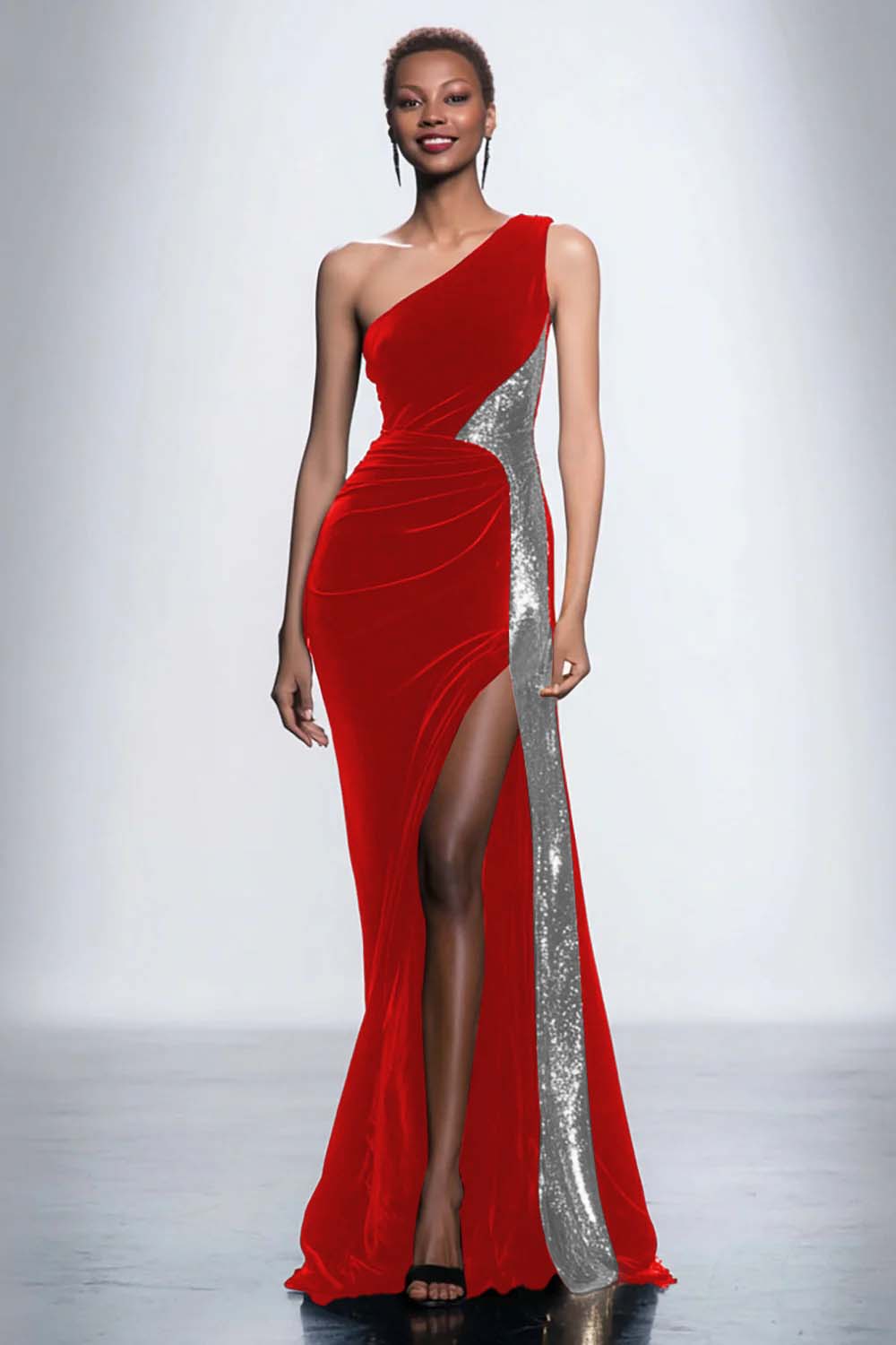 One Shoulder Velvet Sequin Mermaid Black Tie Dress With Slit