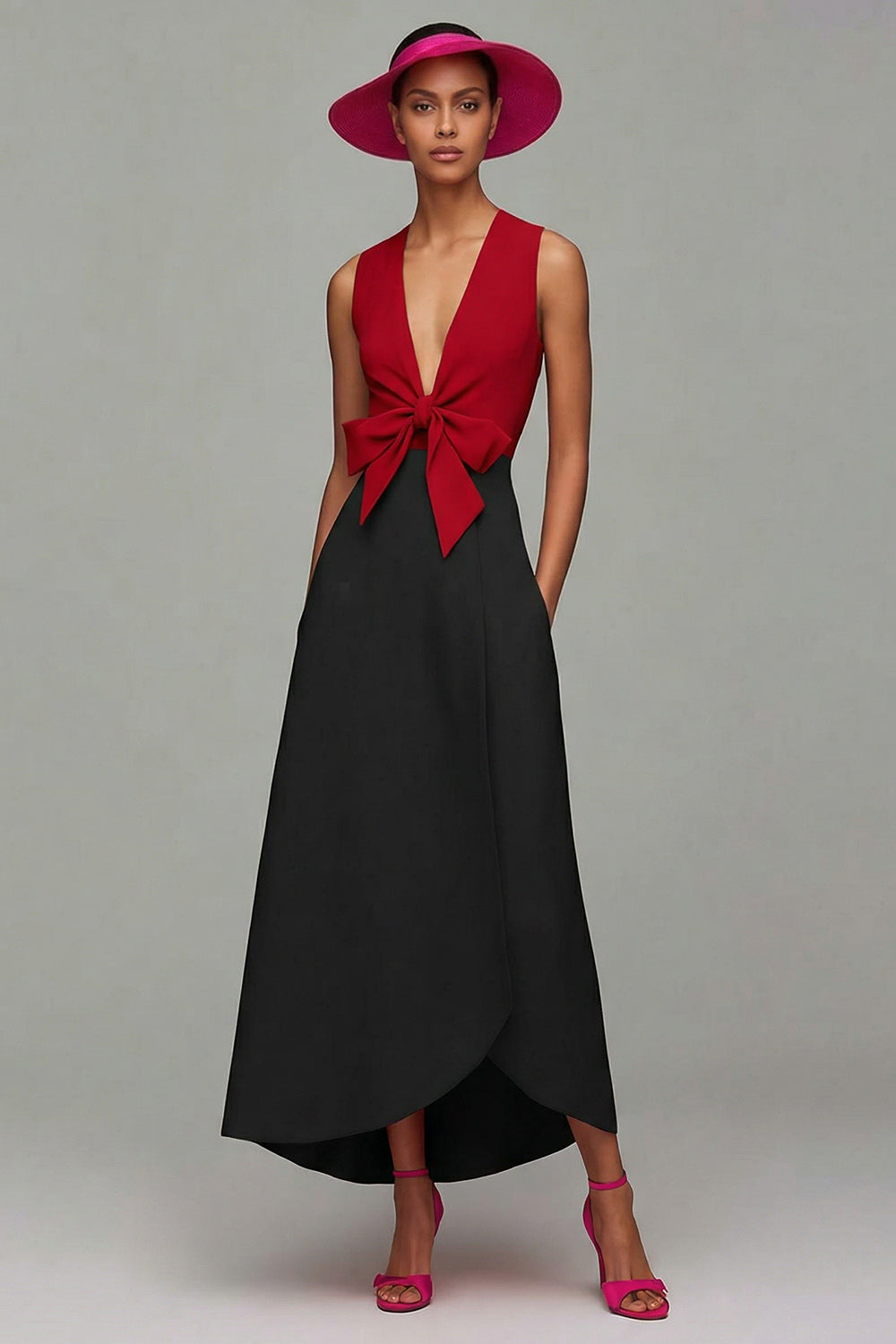 Orange and Fuchsia V-Neck A-Line Formal Dress With Bow