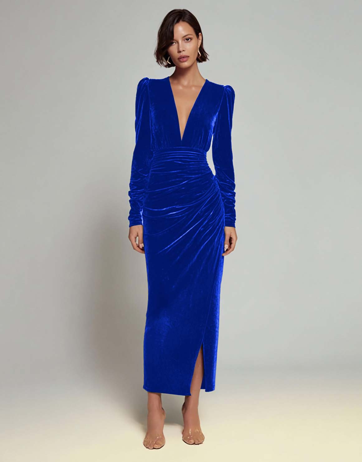 Olive Velvet Ruched Sheath Formal Dress with Long Sleeves