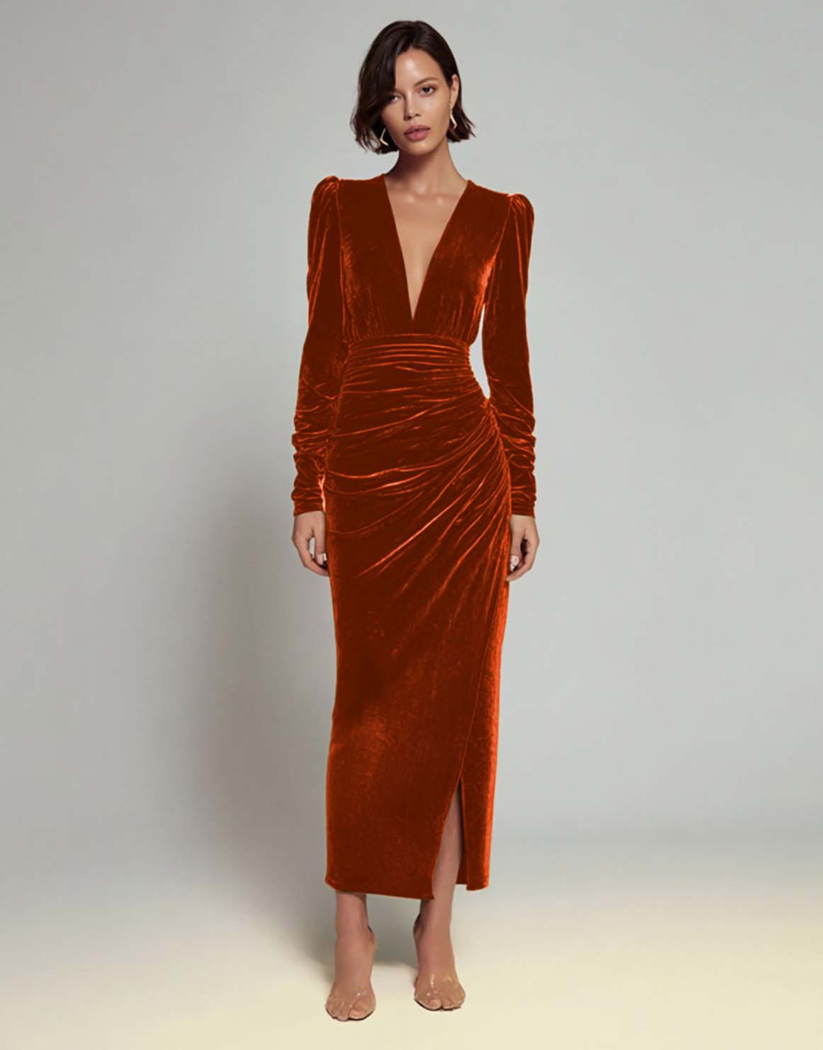Olive Velvet Ruched Sheath Formal Dress with Long Sleeves