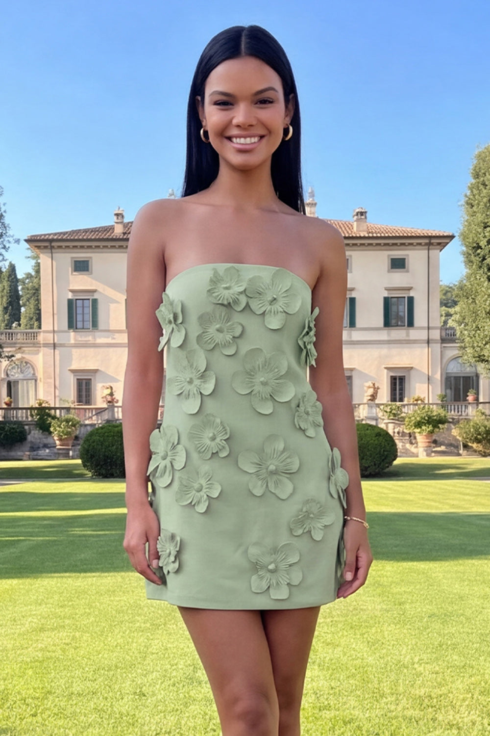 Strapless Blue Floral Homecoming Dress