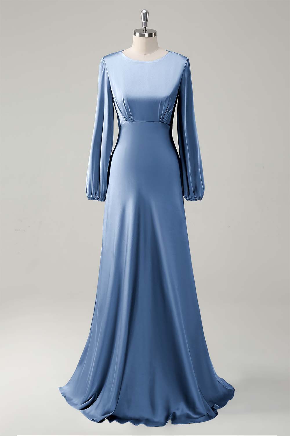 Eucalyptus Satin Round Neck Modest Bridesmaid Dress with Long Sleeves