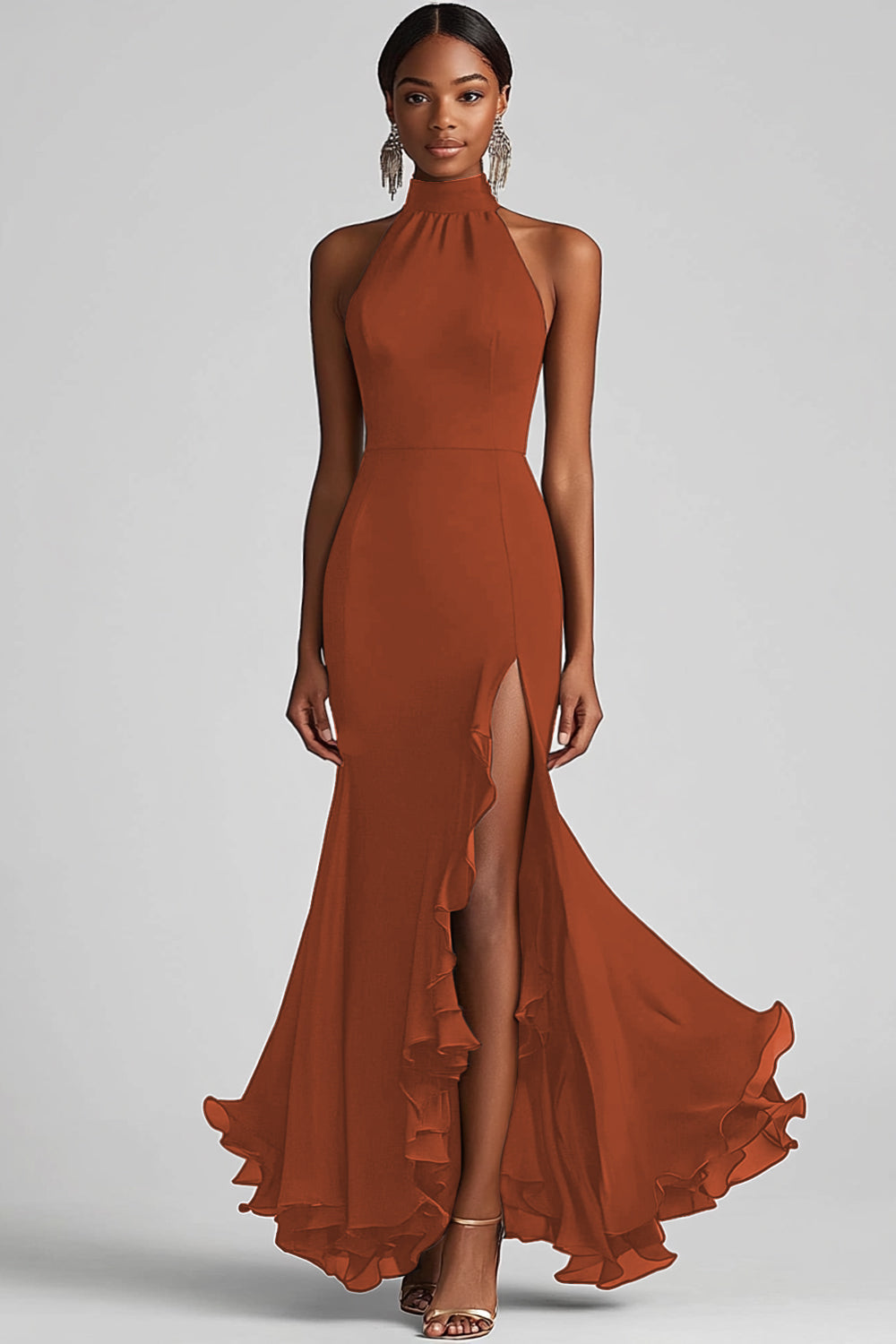 Halter Ruffle Mermaid Black Tie Dress with Slit