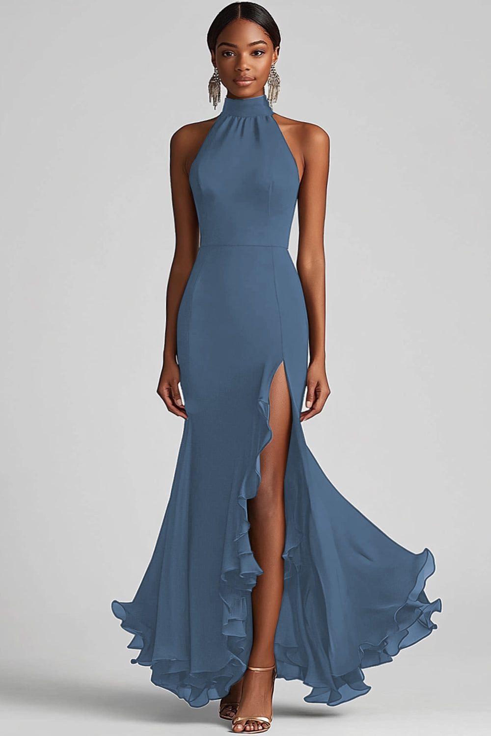 Halter Ruffle Mermaid Black Tie Dress with Slit