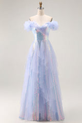 Light Blue Off The Shoulder Ruffled A-Line Prom Dress With Sequins