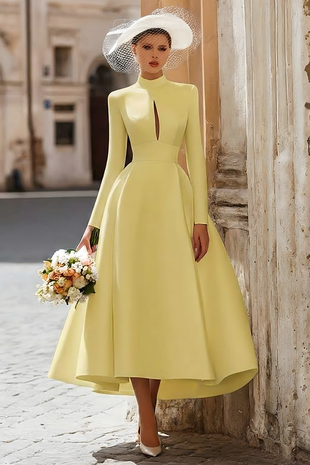 Satin A-Line Ivory Cut Out Midi Wedding Dress
