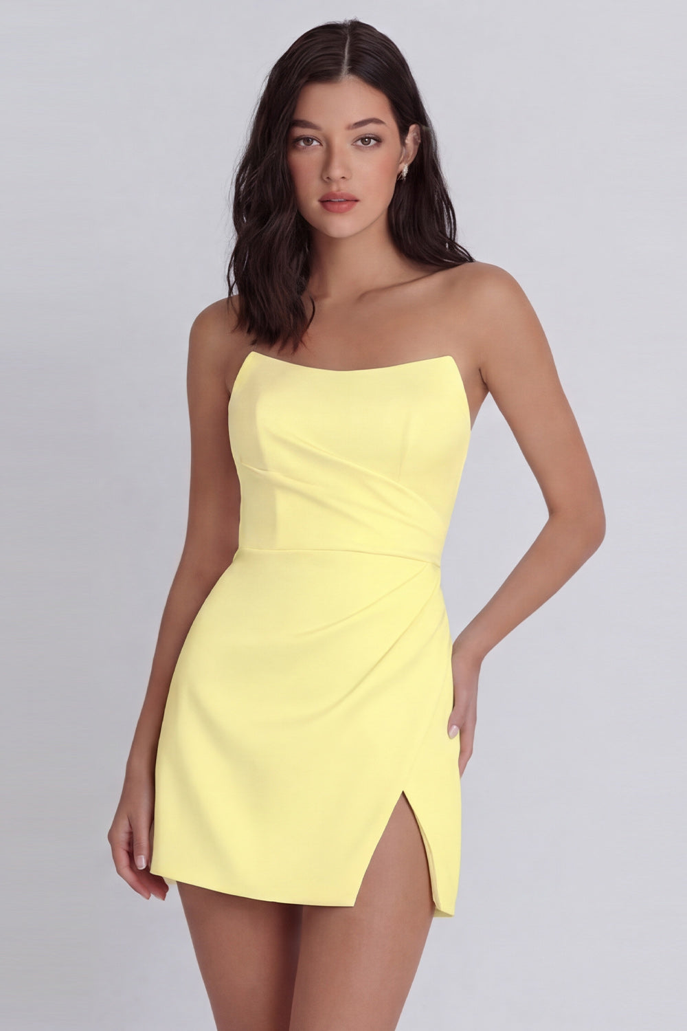 Strapless Ruched Bodycon Mini White Dress with Slit