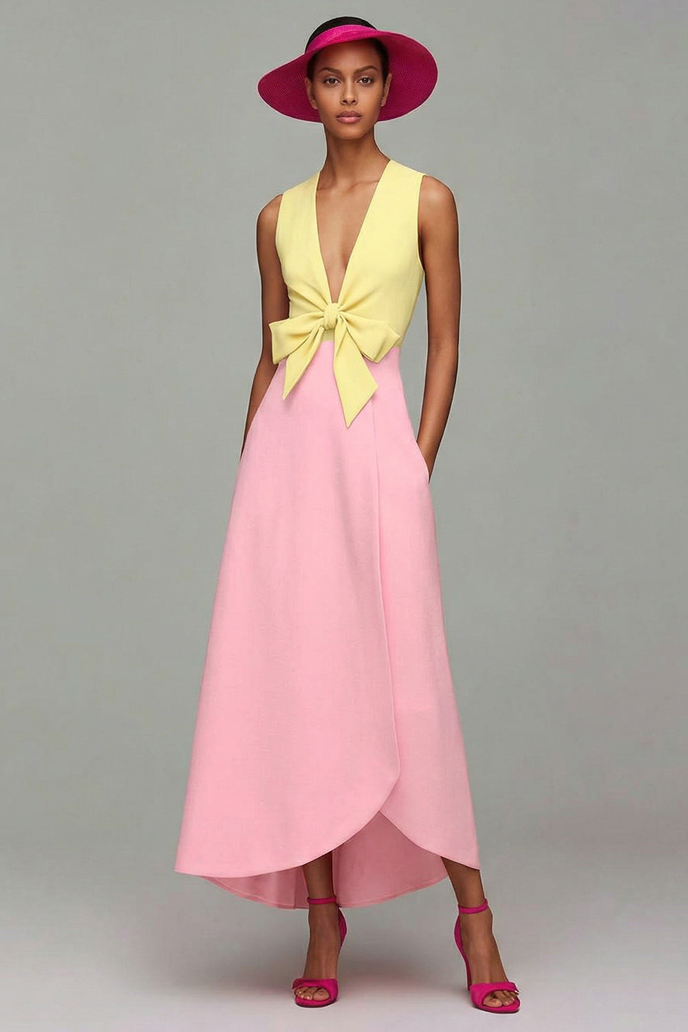 Orange and Fuchsia V-Neck A-Line Formal Dress With Bow