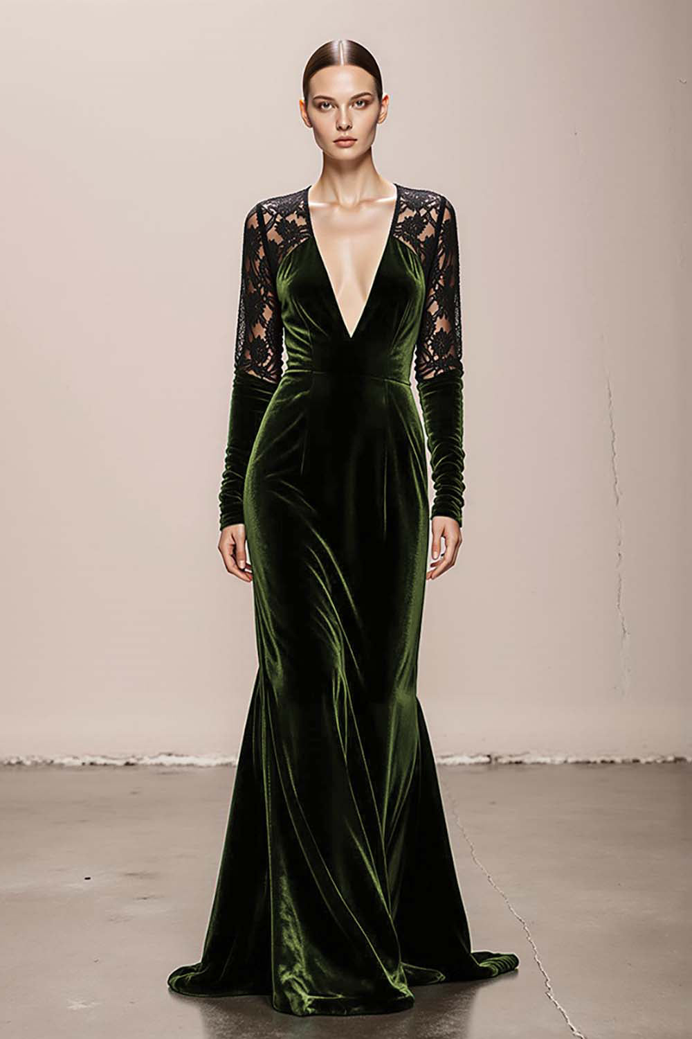 Mermaid Velvet Deep V-Neck Dark Green Evening Dress