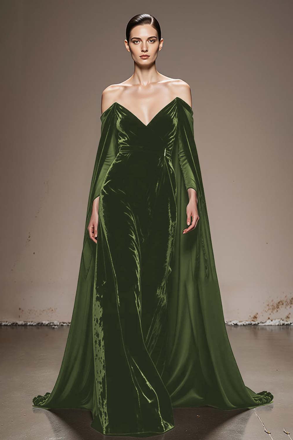 Black Off The Shoulder Velvet Evening Dress with Cloak